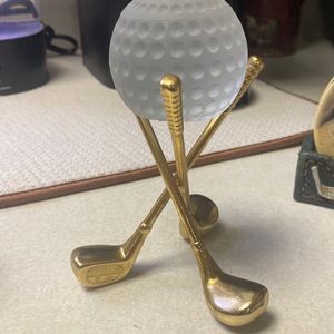 Vintage Glass & Brass Golf Ball & Clubs Paperweight Desk Display